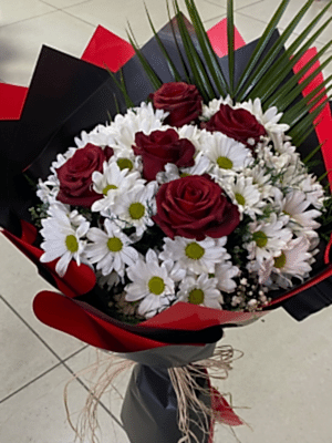  Burdur Çiçekçiler - 5 KIRMIZI GÜL BEYAZ PAPATYA 